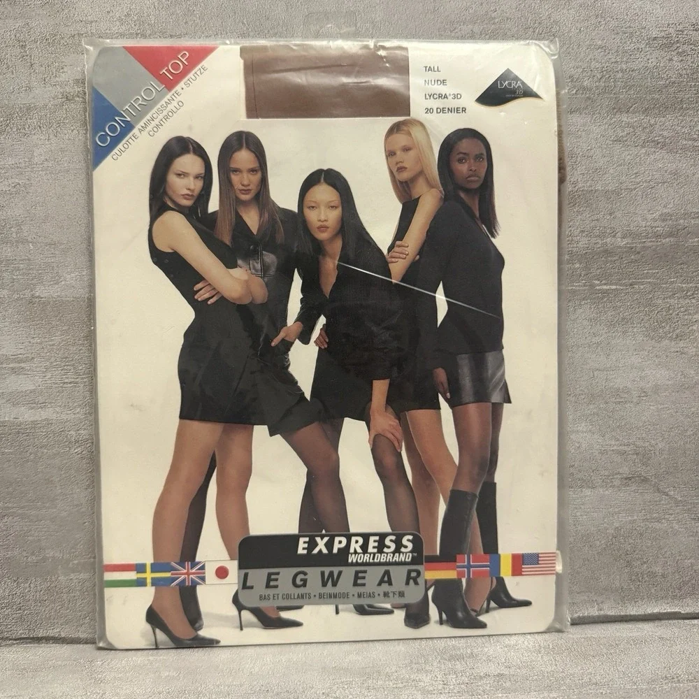 90s Express Legwear Tights‎ Pantyhose Brand New NOS Made In USA Size Tall Nude